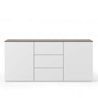 Buffet WHITY 2 blanc mat 180cm 2 portes/3 tiroirs Plateau en bois noyer